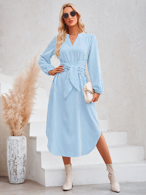 Women's Casual Belted Stripy Midi Dress - For any occasion! Dress - Chuzko Women Clothing