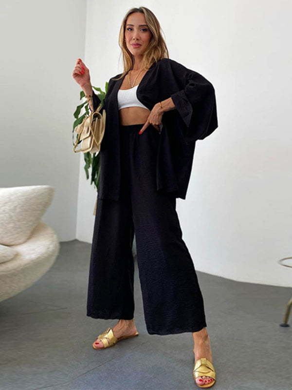 Lounge Vacation Long Sleeve Cardigan and Wide-Leg Pants Trousers Set - Chuzko Women Clothing