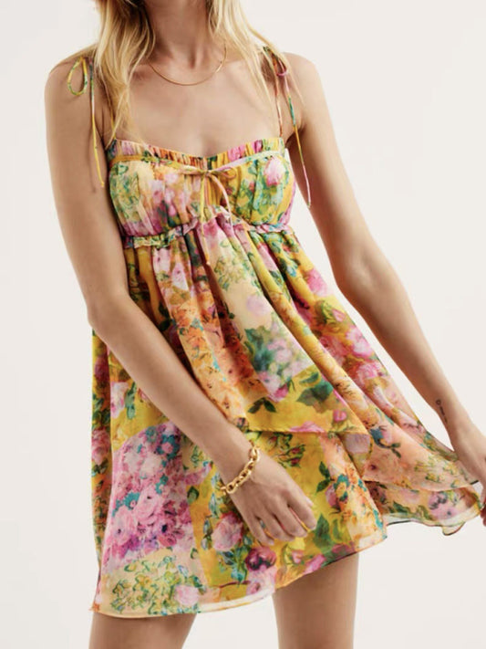 Floral Flowy Sleeveless Bustier Cami Dress Mini Dresses - Chuzko Women Clothing