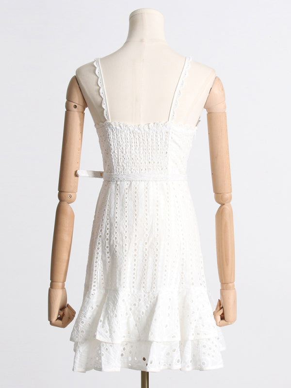 Romantic Eyelet Sweetheart Backless Mini Dress: Vintage Charm Mini Dresses - Chuzko Women Clothing