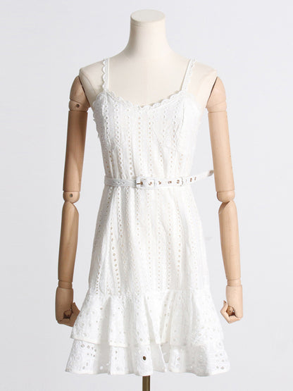 Romantic Eyelet Sweetheart Backless Mini Dress: Vintage Charm Mini Dresses - Chuzko Women Clothing