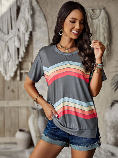 Rainbow Print Round Neck T-Shirt T-shirts - Chuzko Women Clothing