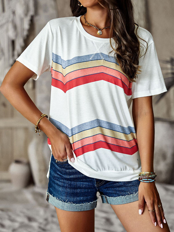 Rainbow Print Round Neck T-Shirt T-shirts - Chuzko Women Clothing