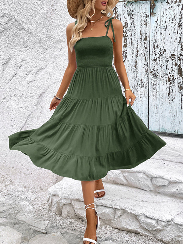 Casual Elegance: Shoulder-tie Tiered Cami Dress with Shirred Bodice Midi Dresses - Chuzko Women Clothing