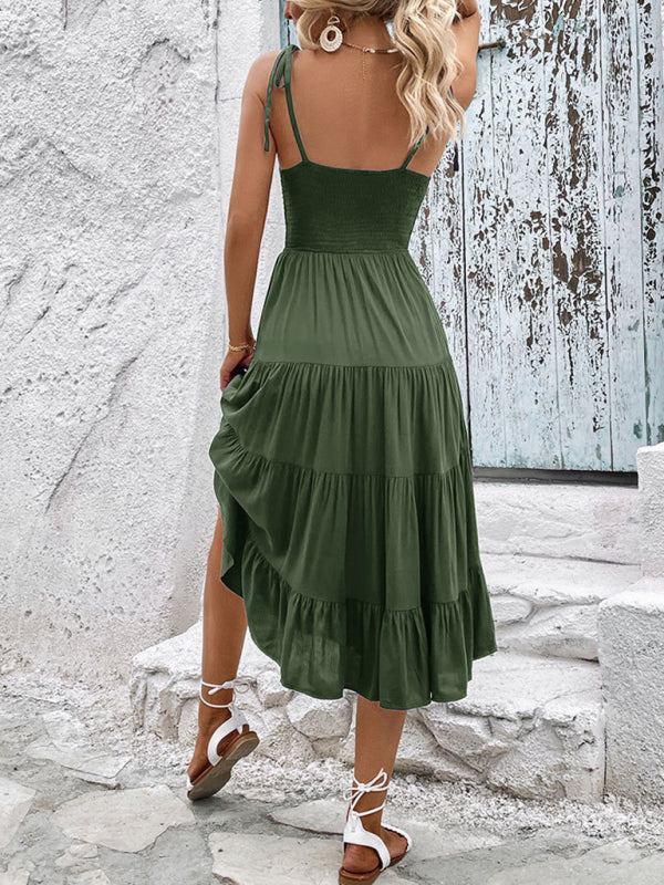 Casual Elegance: Shoulder-tie Tiered Cami Dress with Shirred Bodice Midi Dresses - Chuzko Women Clothing