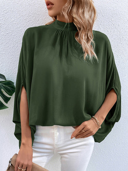 Elegant Women's Batwing Sleeves Blouse: Stand Collar, Tie Back Blouses - Chuzko Women Clothing