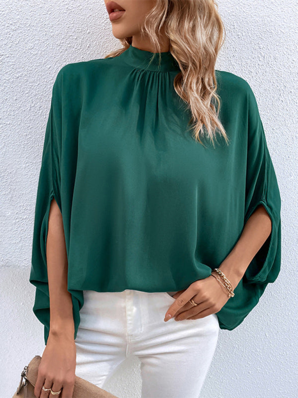 Elegant Women's Batwing Sleeves Blouse: Stand Collar, Tie Back Blouses - Chuzko Women Clothing