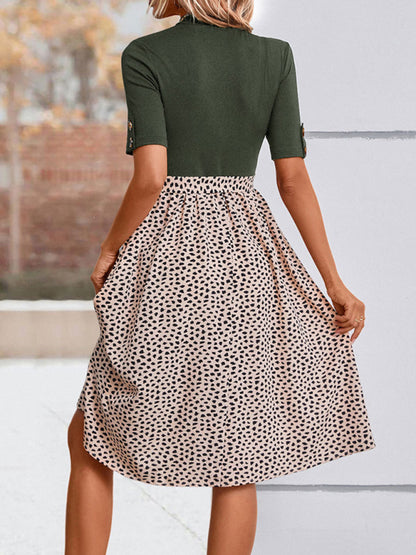 Animal Print Color Block Short Sleeves Midi Dress Midi Dresses - Chuzko Women Clothing