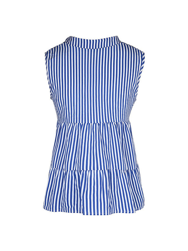 Trendy Sleeveless Stripe Blouse: V Neck, Casual Tank Top Blouses - Chuzko Women Clothing