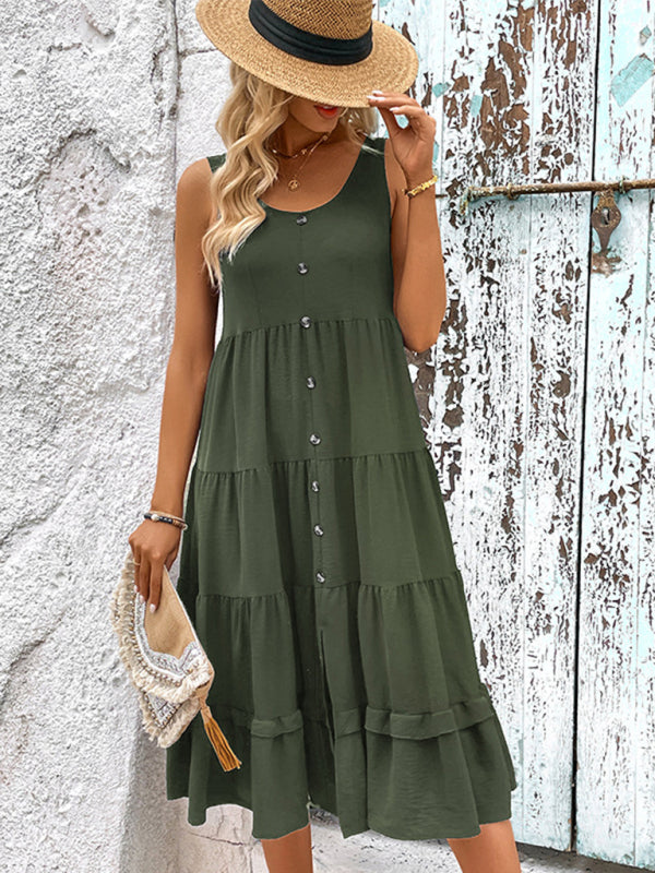 Solid Scoop Neck Button Down Tiered Midi Dress for Any Occasion Midi Dresses - Chuzko Women Clothing