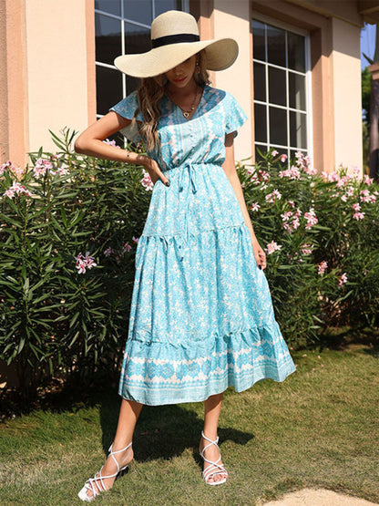 Timeless Romance: Women's Floral Tiered Petal Sleeves Midi Dress Midi Dresses - Chuzko Women Clothing