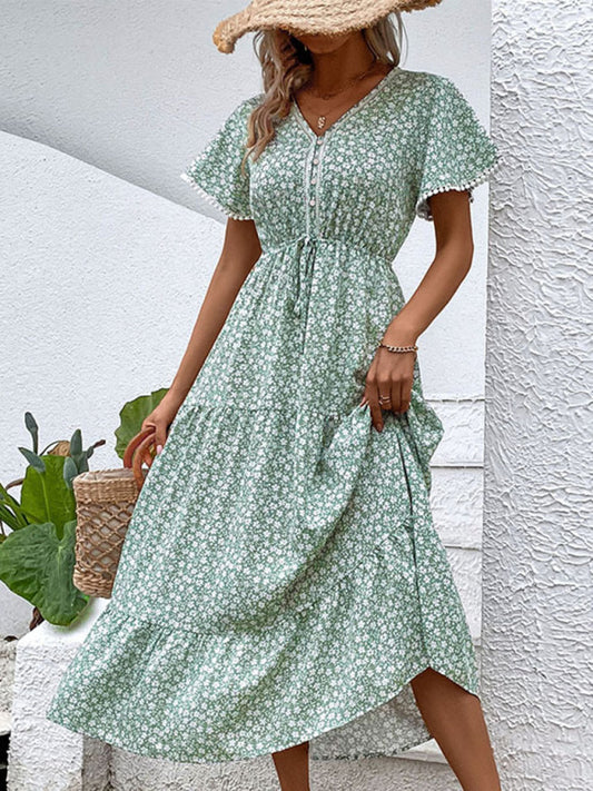 Romantic Floral V-Neck Tiered Midi Dress for Any Occasion Midi Dresses - Chuzko Women Clothing
