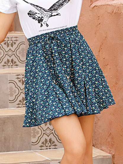 Feminine Comfort: Women's Floral Ruffle Elastic Waistband Mini Skirt Skirts - Chuzko Women Clothing