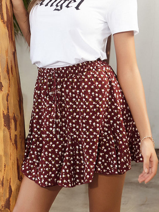 Feminine Comfort: Women's Floral Ruffle Elastic Waistband Mini Skirt Skirts - Chuzko Women Clothing