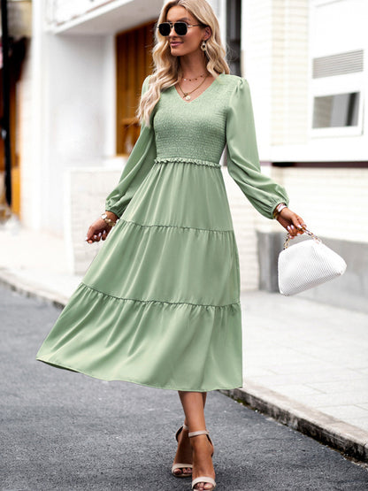 Time to Shine: Women's Smocked Long Sleeves V Neck Tiered Midi Dress Midi Dresses - Chuzko Women Clothing