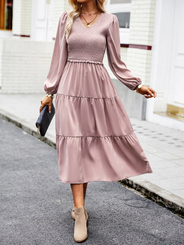 Time to Shine: Women's Smocked Long Sleeves V Neck Tiered Midi Dress Midi Dresses - Chuzko Women Clothing