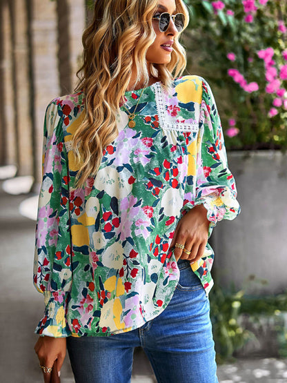 Floral Beauty: Tunic Top with Long Sleeves and Charming Ruffle Cuffs Blouses - Chuzko Women Clothing