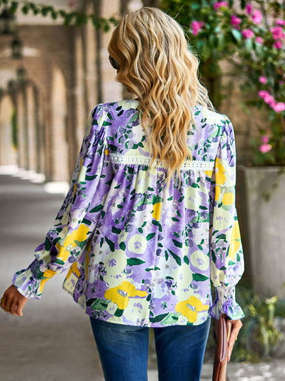 Floral Beauty: Tunic Top with Long Sleeves and Charming Ruffle Cuffs Blouses - Chuzko Women Clothing