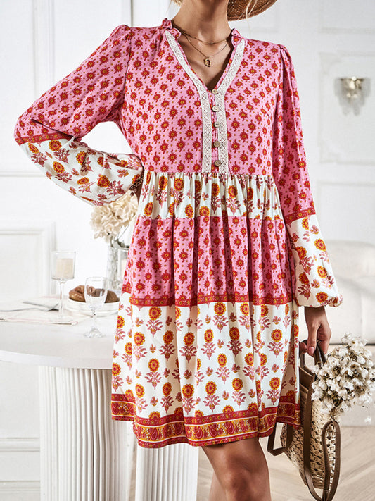 Floral V-Neck Buttons Long Sleeve Flowy Mini Dress Mini Dresses - Chuzko Women Clothing