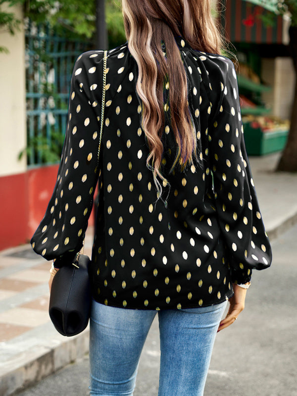 Radiate Elegance with our Gold Polka Dotted Choker Neck Tunic Top! Blouses - Chuzko Women Clothing