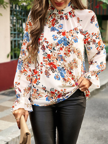 Floral Elegance: Tunic Top with Stand Ruffle Neck - For Any Occasion! Blouses - Chuzko Women Clothing