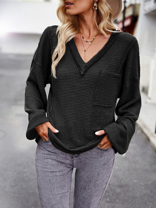 Trendy Loose Sweater Pullover: V Neck with Waffle Texture & Pocket Pullover - Chuzko Women Clothing