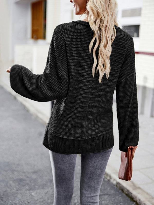 Trendy Loose Sweater Pullover: V Neck with Waffle Texture & Pocket Pullover - Chuzko Women Clothing