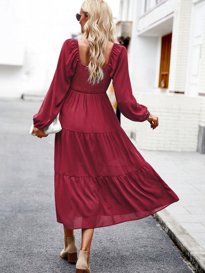 Solid Smocked Back Square Neck Long Sleeve Dress Midi Dresses - Chuzko Women Clothing
