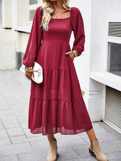 Solid Smocked Back Square Neck Long Sleeve Dress Midi Dresses - Chuzko Women Clothing