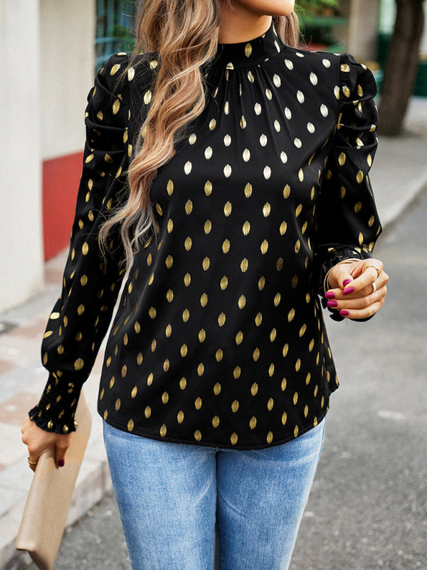 Women's Tunic Top with Gold Polka Dot Stand Neck for Elegant Occasions Blouses - Chuzko Women Clothing