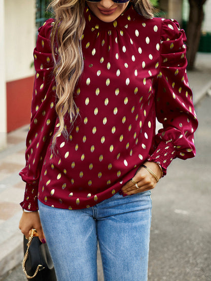 Women's Tunic Top with Gold Polka Dot Stand Neck for Elegant Occasions Blouses - Chuzko Women Clothing