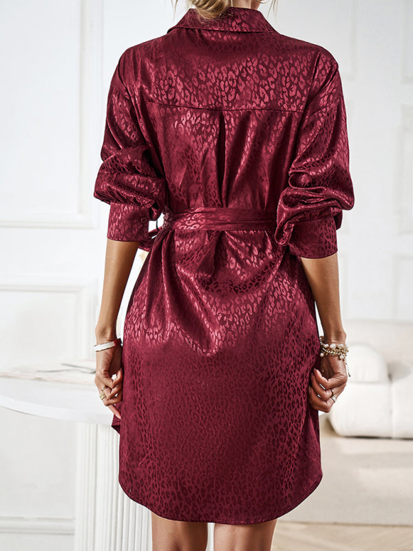 Stand out with our Elegant Satin Leopard Shirt Mini Dress Mini Dresses - Chuzko Women Clothing
