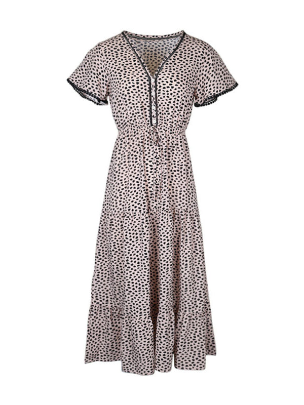 Leopard Print Maxi Midi Dress: Tiered Adjustable Waist-Tie Dresses Midi Dresses - Chuzko Women Clothing