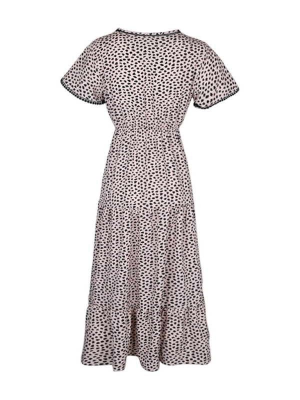 Leopard Print Maxi Midi Dress: Tiered Adjustable Waist-Tie Dresses Midi Dresses - Chuzko Women Clothing