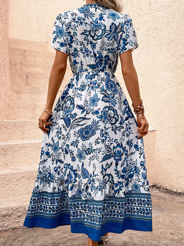 Floral Blue Maxi Midi Dress: V Neck, A-Line Tiered & Petal Sleeve Maxi Dresses - Chuzko Women Clothing