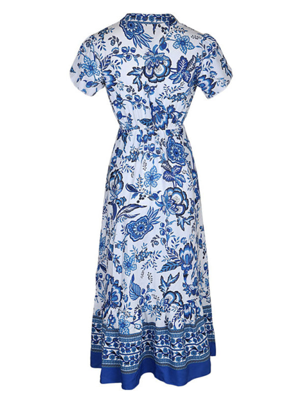 Floral Blue Maxi Midi Dress: V Neck, A-Line Tiered & Petal Sleeve Maxi Dresses - Chuzko Women Clothing