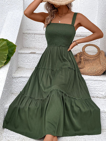Vacation-ready Women's Square Neck Dress: Tiered Cami, Open Back Dress Midi Dresses - Chuzko Women Clothing
