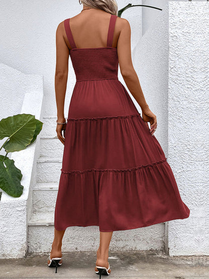 Vacation-ready Women's Square Neck Dress: Tiered Cami, Open Back Dress Midi Dresses - Chuzko Women Clothing