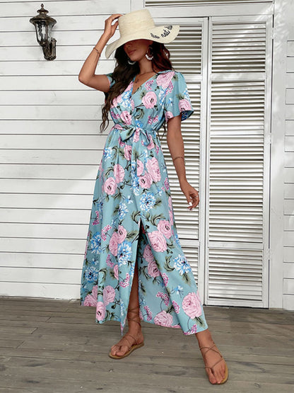 Time to Shine: Get the Vacay Floral Maxi Dress with High Slit Today! Maxi Dresses - Chuzko Women Clothing