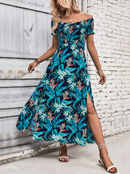 Tropical Maxi Dress: Off Shoulder, A-line, Split Thigh, Ruffle Hem Maxi Dresses - Chuzko Women Clothing