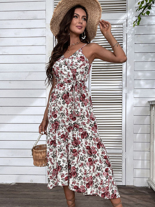Limited Edition Floral Tiered Ruffle Cami Dress with Adjustable Waist Midi Dresses - Chuzko Women Clothing