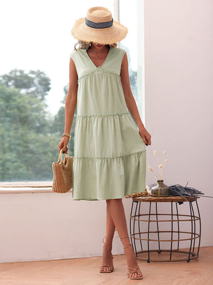 Versatile Boho Cotton Ruffle Midi Dress: Sleeveless, Tiered Ruffles Midi Dresses - Chuzko Women Clothing