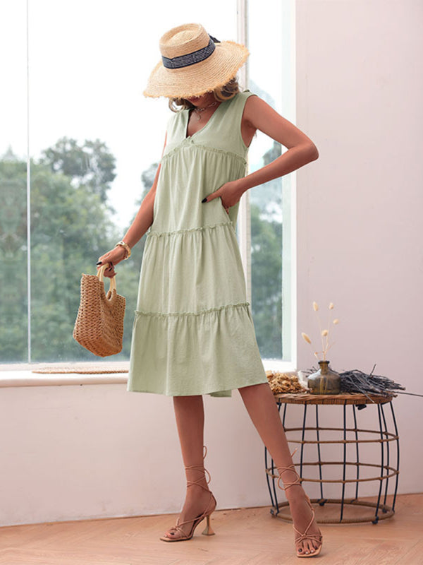 Versatile Boho Cotton Ruffle Midi Dress: Sleeveless, Tiered Ruffles Midi Dresses - Chuzko Women Clothing