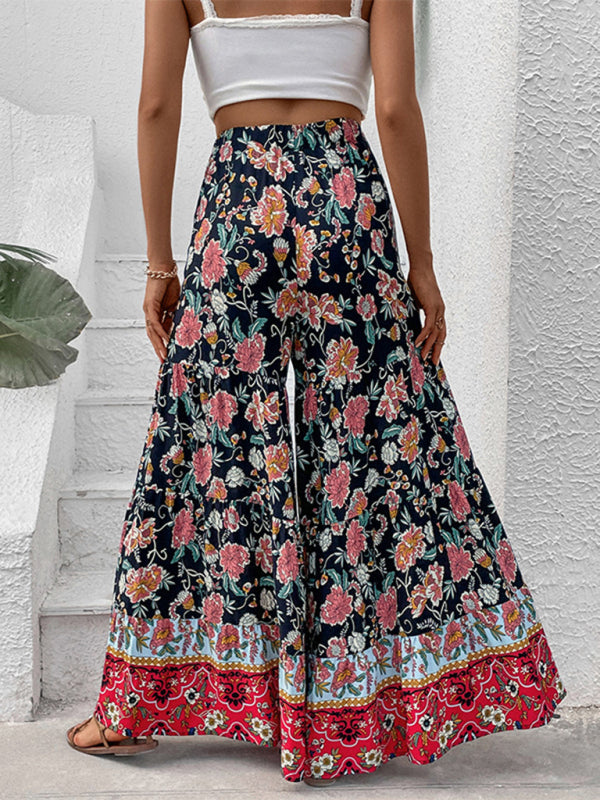 Floral High Rise Wide Leg Trousers - Dramatic Flare Pants Trousers - Chuzko Women Clothing