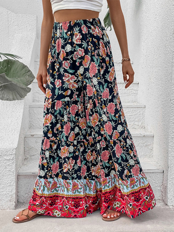 Floral High Rise Wide Leg Trousers - Dramatic Flare Pants Trousers - Chuzko Women Clothing