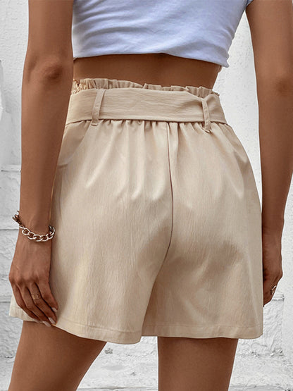 Solid Paperbag Waist Shorts: Elastic Back, Belted, Pockets Shorts - Chuzko Women Clothing