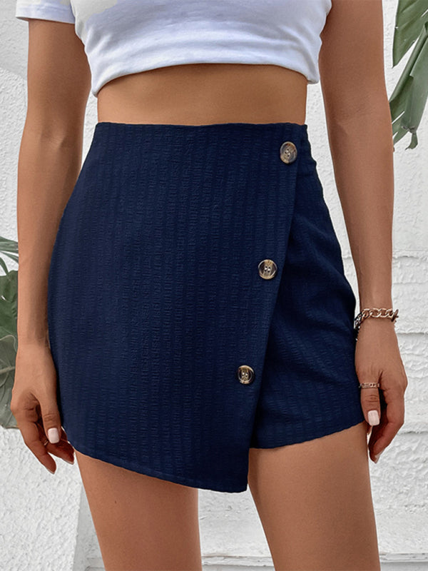 Trendy Wrap Skirt Shorts: Button Front, 2-in-1 Style, High Rise Shorts - Chuzko Women Clothing