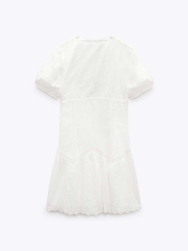 Solid Cotton Eyelet Plunge V-neck Mini Dress Mini Dresses - Chuzko Women Clothing