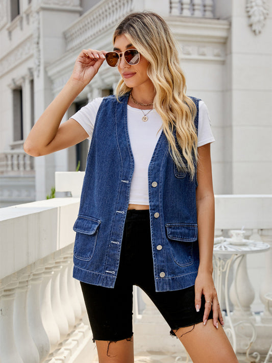 Button-Up Denim Jean Waistcoat - Perfect Vest for Casual and Travel Waistcoats - Chuzko Women Clothing