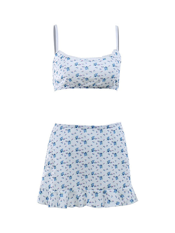 Floral Set: Cami Crop Top + Ruffle Mini Skirt Skirt Set - Chuzko Women Clothing